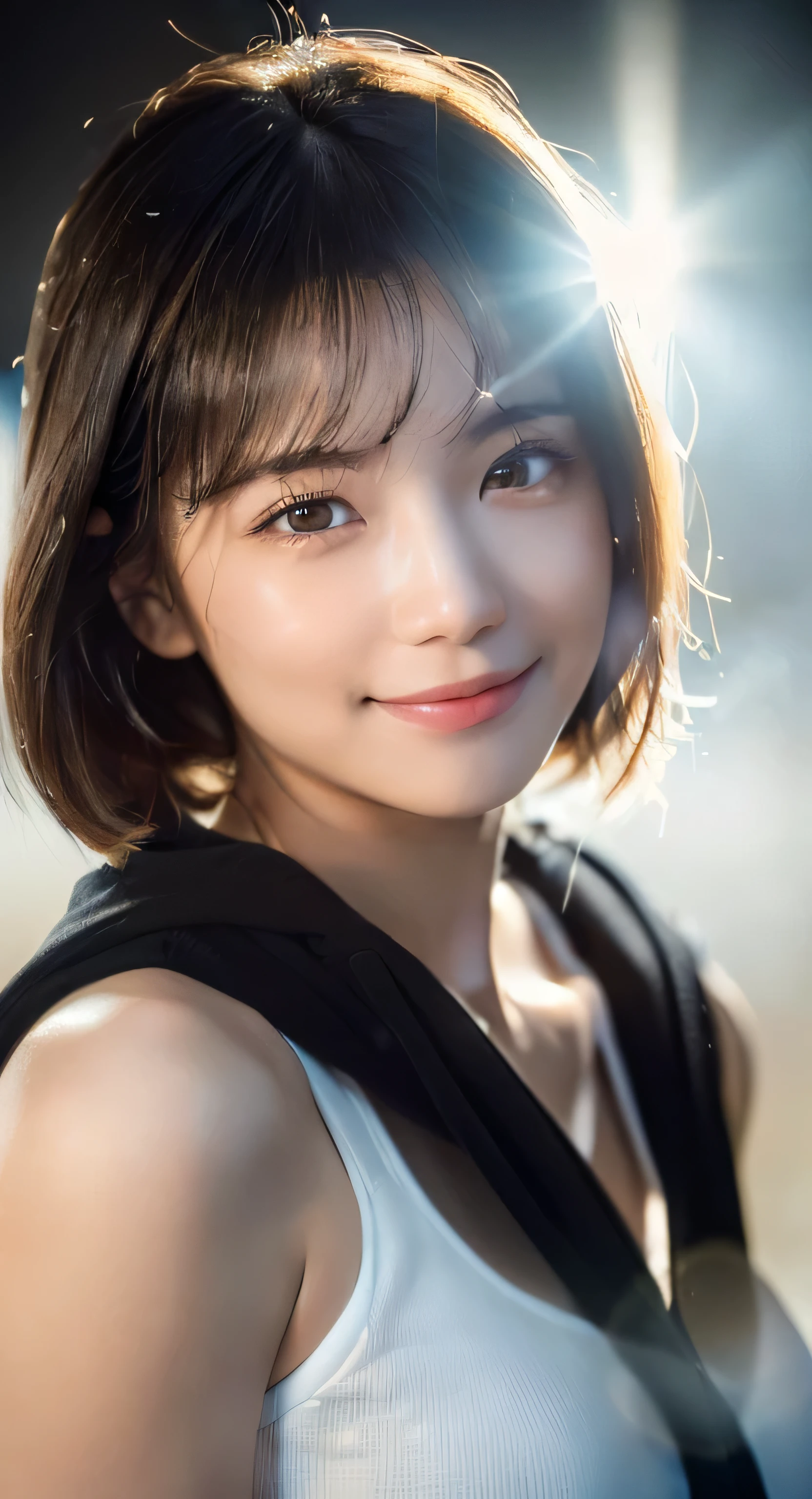 (Top quality,8K,masterpiece:1.Photoreal Stick:1.4,RAW Shooting),(Fogging the lens:1.5),(Blurry shooting:1.5),(Facing forward),(Chest close-up:1.1),(Strong sunlight:1.4),(The sun pours down from above:1.4),(The whole thing looks white and hazy:1.5),(A ray of light shines in front of the girl:1.4),(Because the light is too bright，The girl looks a little hazy...:1.4),(Strong sunlight shines on the screen:1.4),(forward lighting:1.3),(Reflect light onto the lens:1.4),(lens flare:1.1),(A smiling girl looking at me:1.1),Black short bob,Black Hoodie,(Blurred Background:1.4),Close-up of face,Face Focus