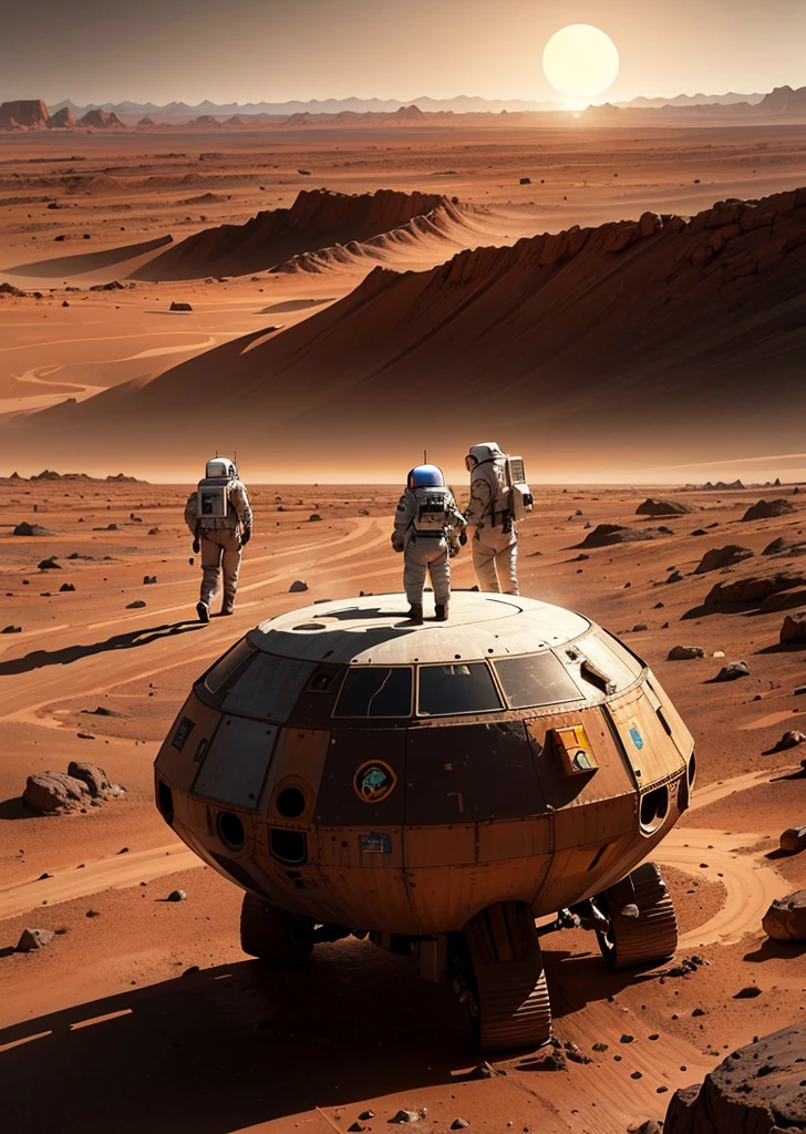 Create an inspiring painting of three astronauts arriving on Mars in a sleek, futuristic spaceship. The scene depicts the moment the spacecraft has just landed on the Martian surface. The astronauts are seen exiting the spacecraft, their suits reflecting the reddish hues of the planet. The Martian landscape stretches out before them, with its characteristic rocky terrain and dust-covered plains. In the background, the spaceship stands tall and majestic, a symbol of human ingenuity and exploration. The sky above is a blend of soft colors from the setting sun, adding warmth to the stark, alien landscape. The astronauts, filled with a sense of accomplishment and anticipation, begin their historic first steps on the red planet.