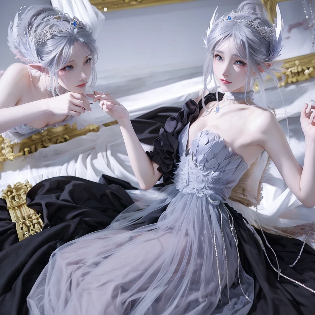 best quality，Very detailed，Best Illustration Award，The best shadow，masterpiece，high resolution，Professional artwork，Famous Artworks），Surreal style，Exquisite eyes，Cold Eyes，Different eye colors，Snake pupil，Eyes closed slightly，（Eyes Focus），Surface Focus，Close-up of a woman with long hair wearing silk textured clothing，Silver Hair，Flowing hair，There are dragon horns on the head，Extremely rich in details，3D Goddess Statue，女神的Extremely rich in details，Stunning goddess portrait，Goddess head portrait, beautiful goddess portrait, goddess body close-up portrait，Nordic Moon Goddess Portrait，Pure complexion_v1，Urzang-6500-V1 version.1，game of Thrones，cersei lannister