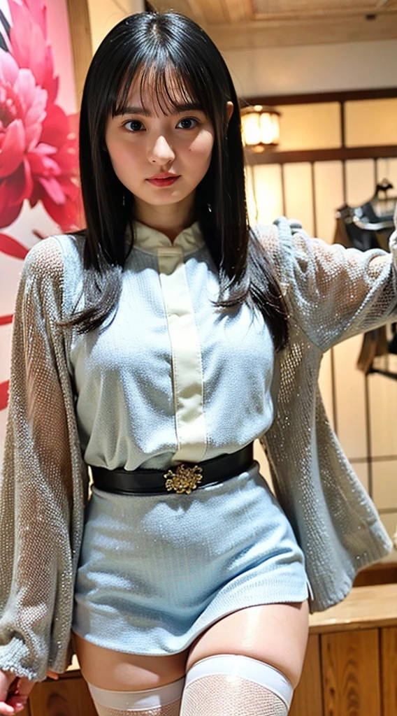 masterpiece, highest quality, 4K, Ultra-high resolution, mishoujo, Painting, Beautiful eyes and fine face, figure, Beautiful details, high resolution figure, Shine_white_particle, One girl, Small breasts、Large Breasts、High 、Japanese、Japanese Idols、A kind smile、Fishnet tights