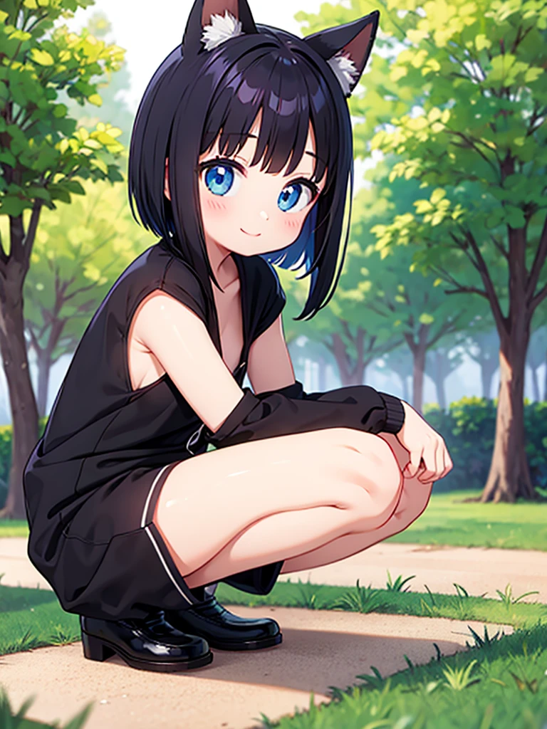 Short black hair Adult female　Dog Ears　Dark blue colored eyes　Flat chest　Completely naked, no clothes at all　She is squatting and spreading her legs wide open for us to see.　The location is a park　smile　NSFW