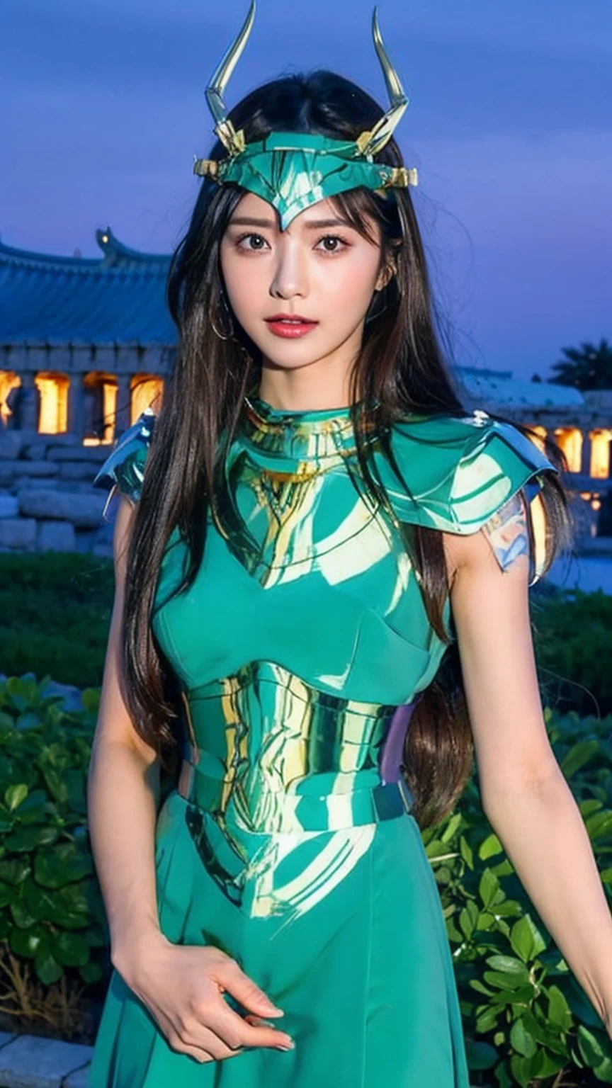 masterpiece, Highest quality, 超High resolution, Realistic skin texture, Armature, (Realistic:1.4), High resolution, RAW Photos, Shiny skin, Realistic skin texture, Best lighting, Shine, Dramatic lighting, Dynamic pose, (Greek temple background:1.3), Night Sky, universe, milky way, One girl, (Mid-chest:1.1), Balanced Eyes, Dragon Shiryu in green and silver armor, Purple Pants, Purple short sleeve shirt, Wearing a dragon helmet, roman skirt plate, (breastplate:1.5), Very long hair, shield, Cleavage,