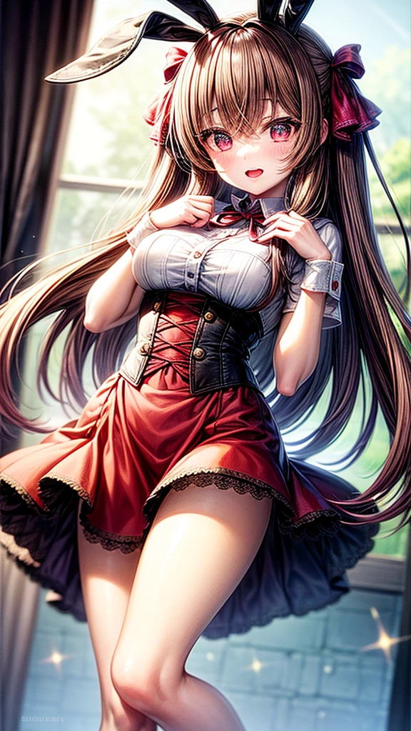 ((highest quality, High resolution, Perfect Pixel, 4K))), 1 female, Beautiful woman、I could see the whole body、apartment、 ((Twin tails, bangs, Brown Hair)), ((Brown eyes, Beautiful eyelashes, Realistic eyes)), ((Detailed face, blush:1.2))、((Smooth texture:0.75, Realistic texture:0.65, Realistic:1.1, Anime CG Style)), Beautiful Anime Women, Beautiful art style, Anime characters,Beautiful and big breasts, Perfect body, Slender body, Beautiful thighs, (Erect nipples:0.98), )((black and white maid outfit、ribbon on collar、Long skirt、garter belt、Knee socks)), Embarrassed smile、Kneel with your knees closed、(Skirt flip:1.2), ((Stylish pink satin side-tie panties with lavish embellishments:1.3), (Pink base with white lace panties)), diagonal side angle, Dynamic Angle, Sexy pose、Perfect Anatomy, Exact number of arms, Exact number of hands