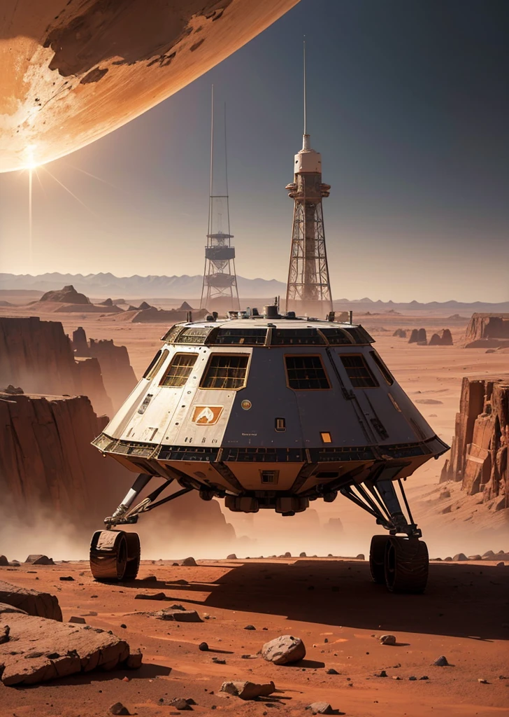 Create an inspiring painting of three astronauts arriving on Mars in a sleek, futuristic spaceship. The scene depicts the moment the spacecraft has just landed on the Martian surface. The astronauts are seen exiting the spacecraft, their suits reflecting the reddish hues of the planet. The Martian landscape stretches out before them, with its characteristic rocky terrain and dust-covered plains. In the background, the spaceship stands tall and majestic, a symbol of human ingenuity and exploration. The sky above is a blend of soft colors from the setting sun, adding warmth to the stark, alien landscape. The astronauts, filled with a sense of accomplishment and anticipation, begin their historic first steps on the red planet.