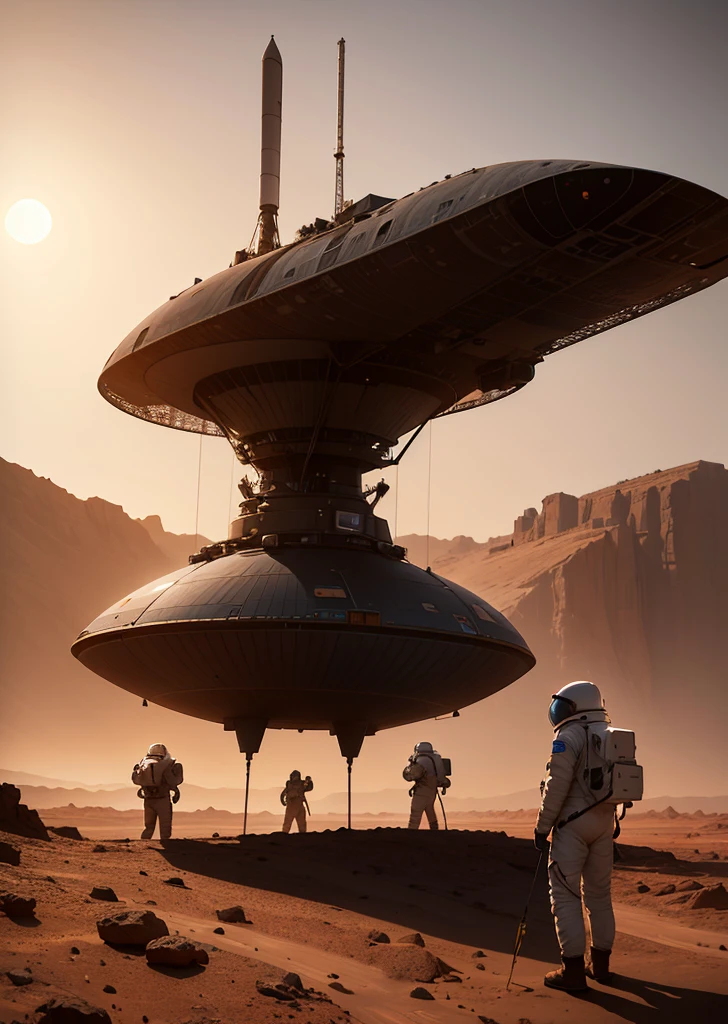 Create an inspiring painting of three astronauts arriving on Mars in a sleek, futuristic spaceship. The scene depicts the moment the spacecraft has just landed on the Martian surface. The astronauts are seen exiting the spacecraft, their suits reflecting the reddish hues of the planet. The Martian landscape stretches out before them, with its characteristic rocky terrain and dust-covered plains. In the background, the spaceship stands tall and majestic, a symbol of human ingenuity and exploration. The sky above is a blend of soft colors from the setting sun, adding warmth to the stark, alien landscape. The astronauts, filled with a sense of accomplishment and anticipation, begin their historic first steps on the red planet.