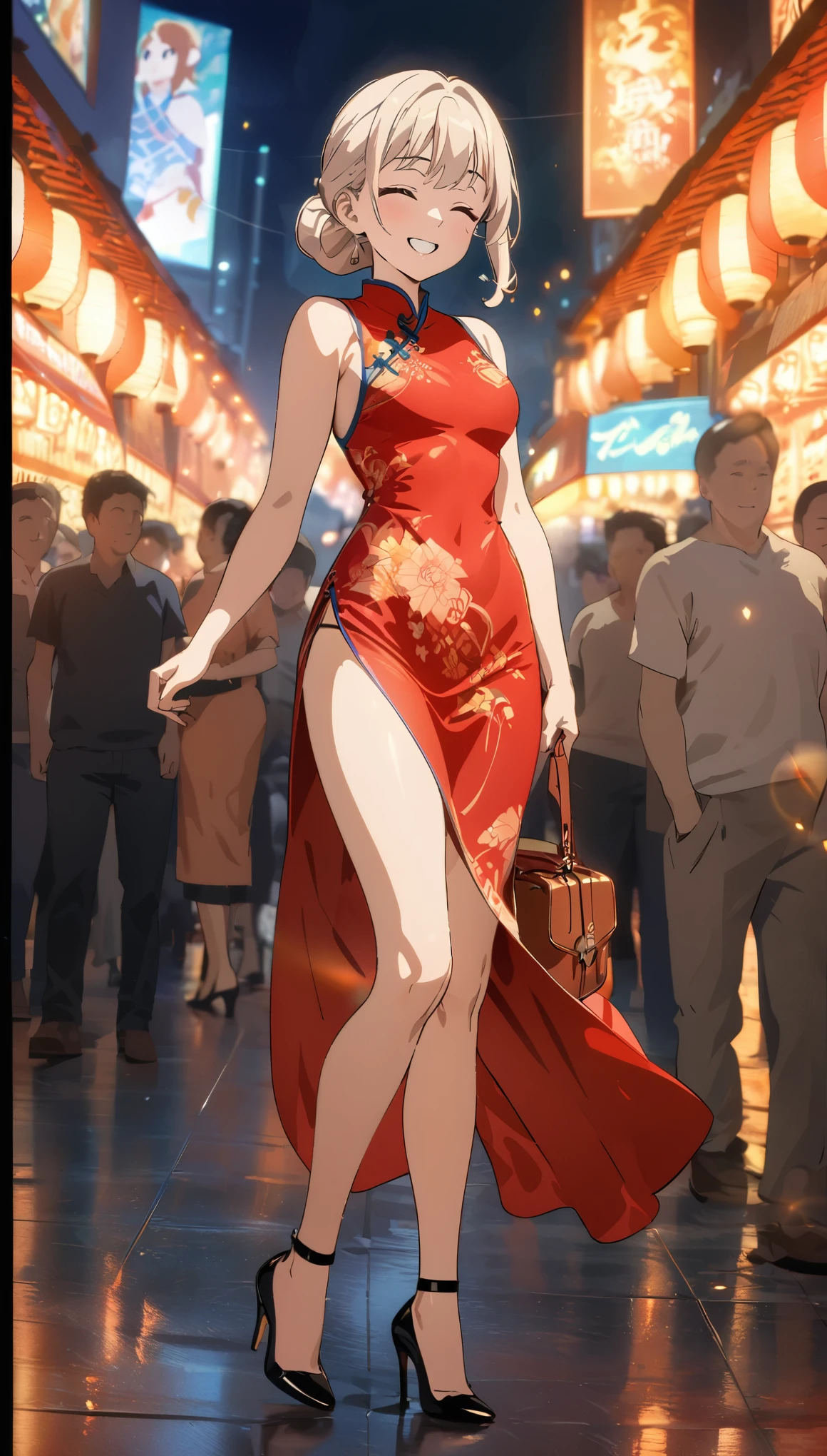 (best quality,8k,highres, masterpiece:1.2), (anime style),ultra-detailed, HDR, UHD, studio lighting, ultra-fine painting, sharp focus, physically-based rendering, extreme detail description, professional, vivid colors, bokeh, portraits, concept artists, warm color palette, dramatic lighting,Summer festival night,1 beautiful woman,(no sleeves China dress),updo, big smile, closed eyes, (The cityscape lined with the fairs of summer festivals),(beautiful hair, glowing skin,),(passing crowd),(anime style),(high heels with straps),Holding a Hermès Kelly Bag