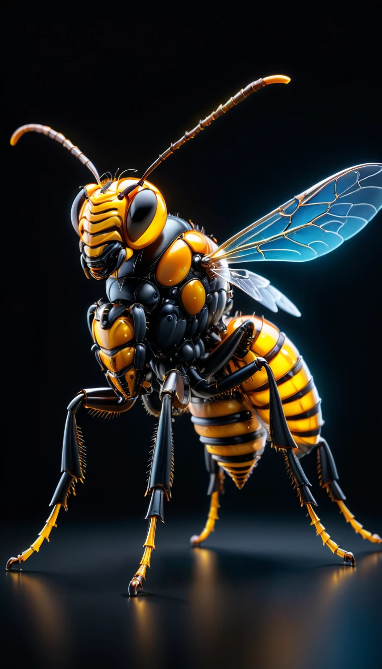 whole body, Against an all-black background, The fusion of biology and machines, Transparent Mechanical Giant Hornet, Complex and precise internal structure, Glowing neon lamp