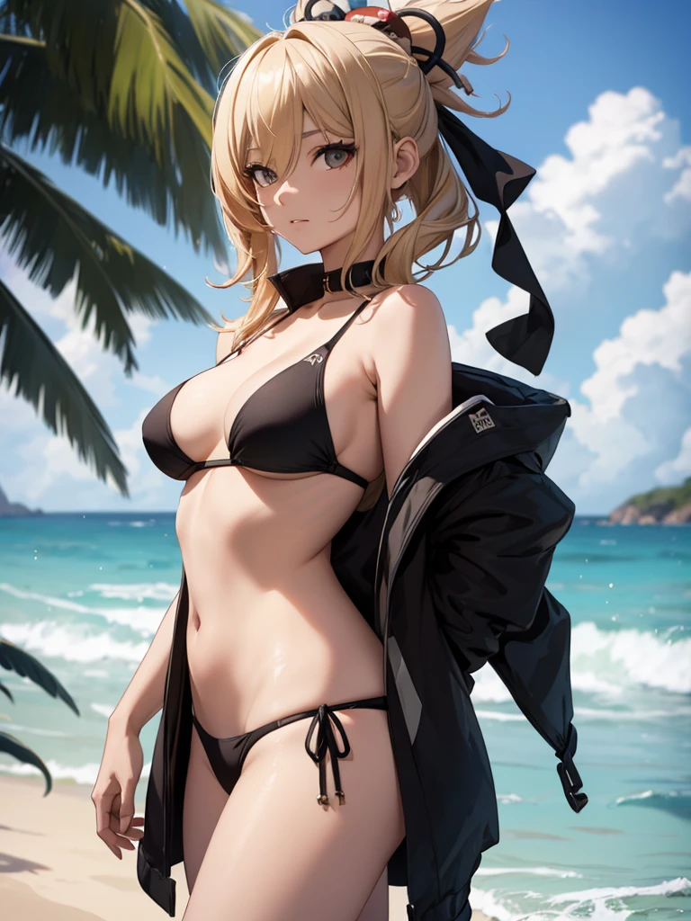 Yoimiya, 1women, wearing a black colour sexy bikini, at a beach, blonde hair, 8k, high detailed, high quality
