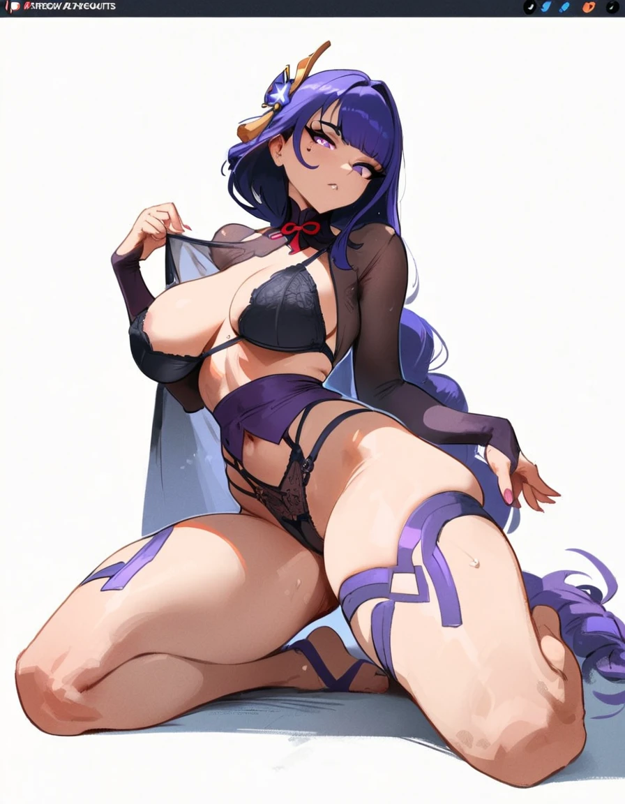 1girl, raiden shogun, genshin impact //// masterpiece, best quality, very aesthetic, absurdres, newest, ///// by nyantcha, cutesexyrobutts,by khyle, omone hokoma agm ///// perfect anatomy, perfect body,  ///// purple eyes, purple hair, underwear, rating:nsfw, big tits, white background, full body, bra, panties, stockigns, hair ornament

