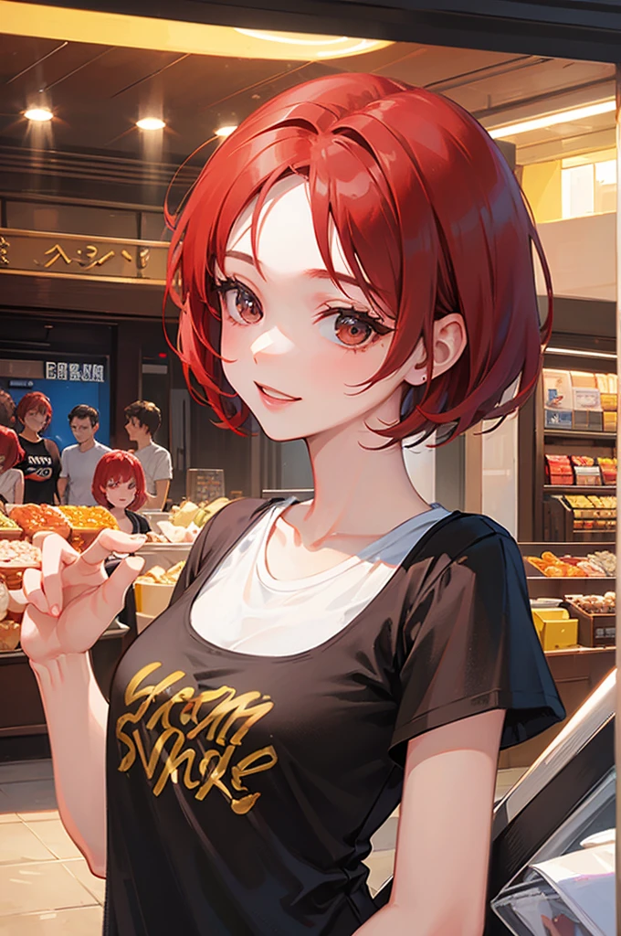 ８K, Highest quality, masterpiece, Ultra-detailed、Red hair、Ultra short hair、Very Short Hair、full lips、Brown eyes、１８Year-old beauty、Portrait、Shopping mall、smile、T-Shirts、