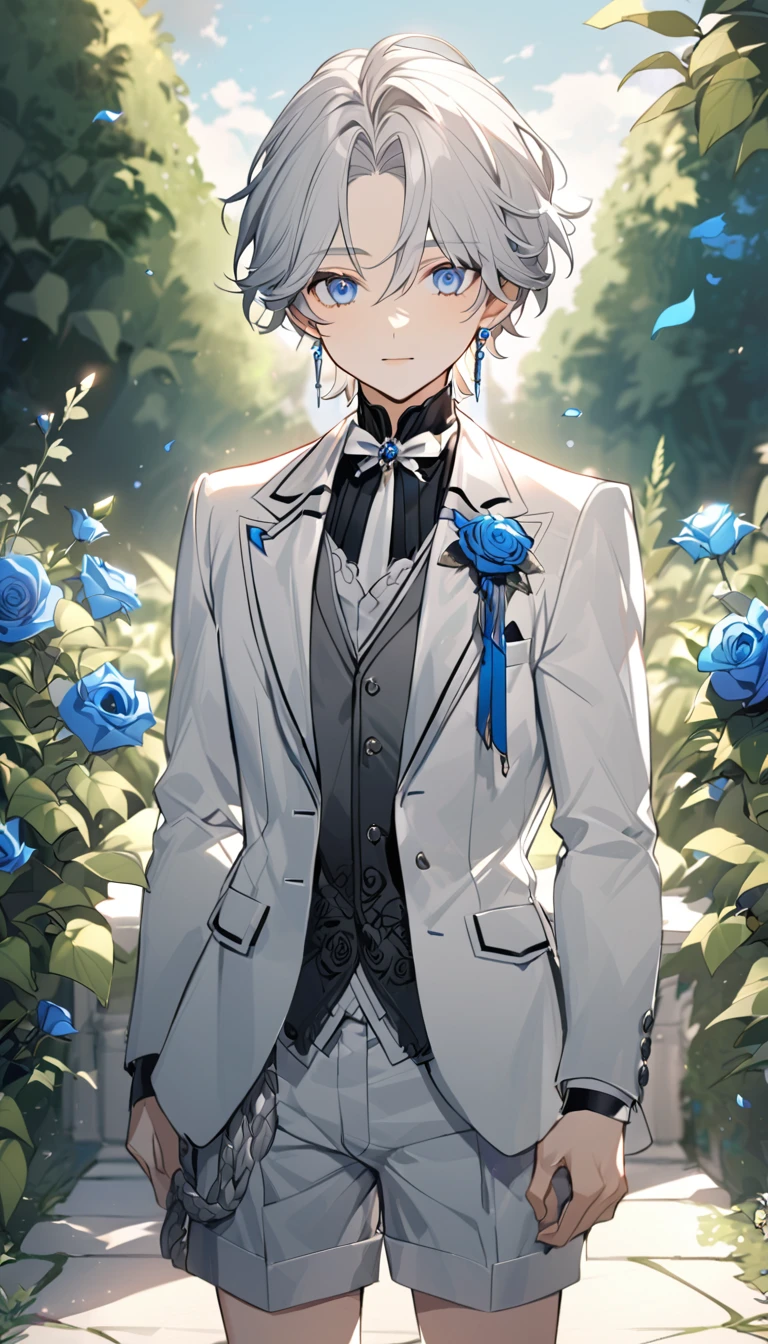 Handsome，very beautiful，1 little boy，young，alone，white short hair，blue eyes，black shirt，Luxurious white blazer，((Gray suit shorts))，black garters，((blue Rose))，White satin ribbon clothing decoration，Exquisite clothing details，Calm expression，Holy，Goethe-style，garden