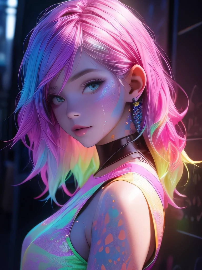 (ink spatter),colorful glitter color,lamp,rainbow,cyber punk,The girl,Look to the camera,gooey girl,Flowy tank shorts,against the wall,grandes olhos redondos,Cute,