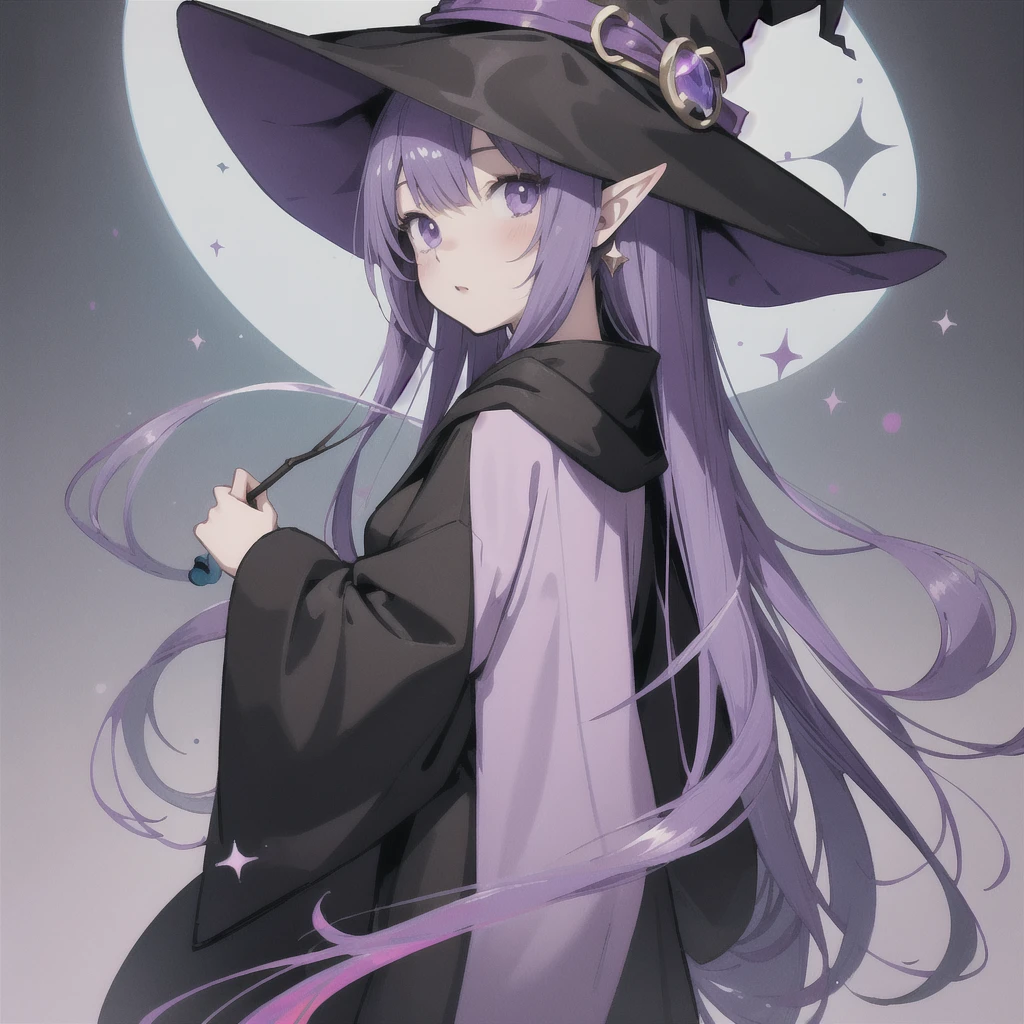 anime girl long purple hair wearing a black Robe. she has pointy ears. Witch Hat. Manga kawaii. iridescent ,An illustration, 0ne person .look back