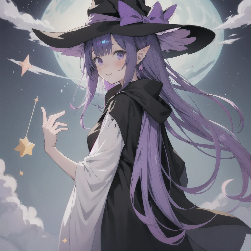 Anime girl with waist-length purple hair and black robe. Witch hat. Pointy ears. Cute as a cartoon. Back view. Full body facing backwards. The whole body is visible. Skirt is short.