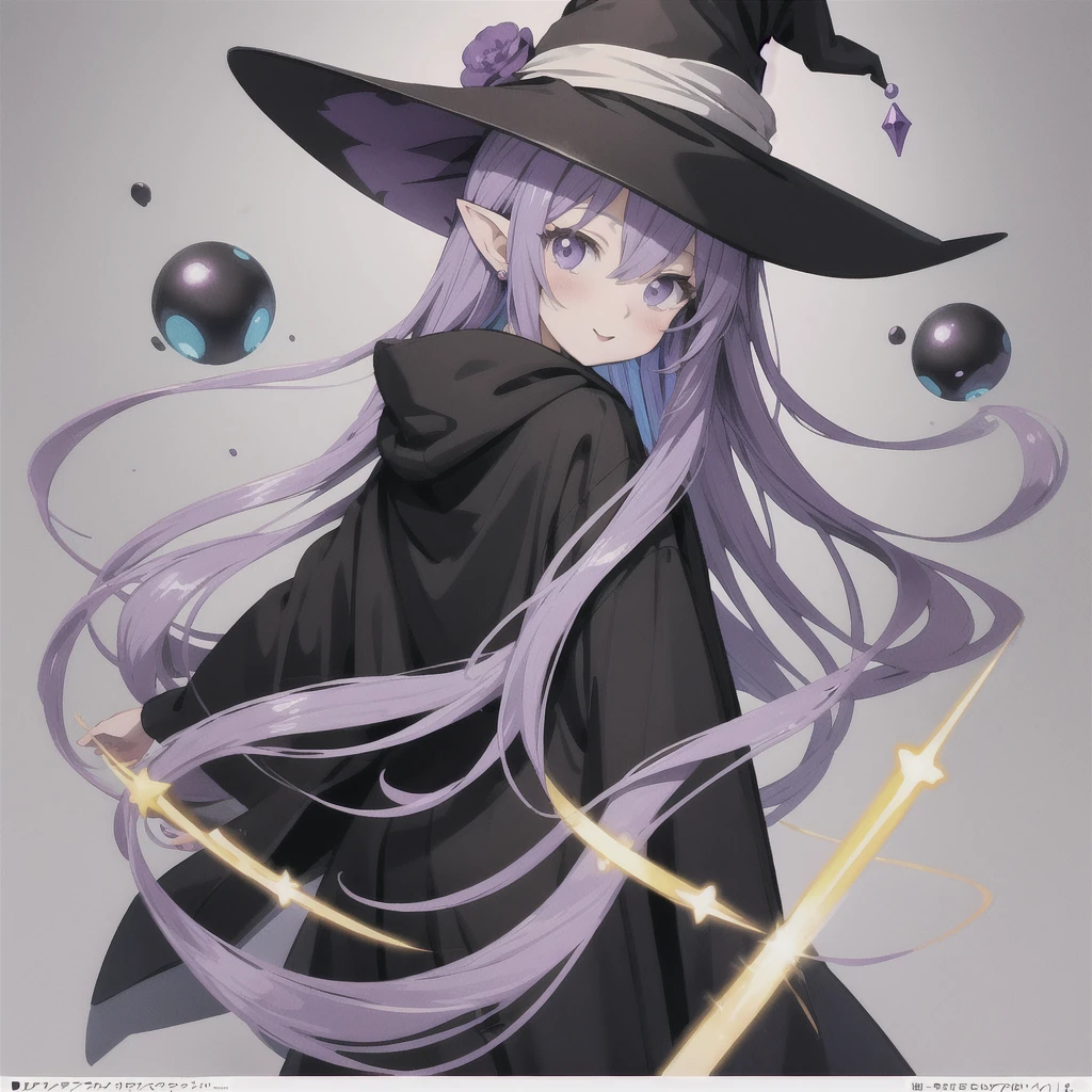 anime girl long purple hair wearing a black Robe. she has pointy ears. Witch Hat. Manga kawaii. iridescent ,An illustration, 0ne person .look back