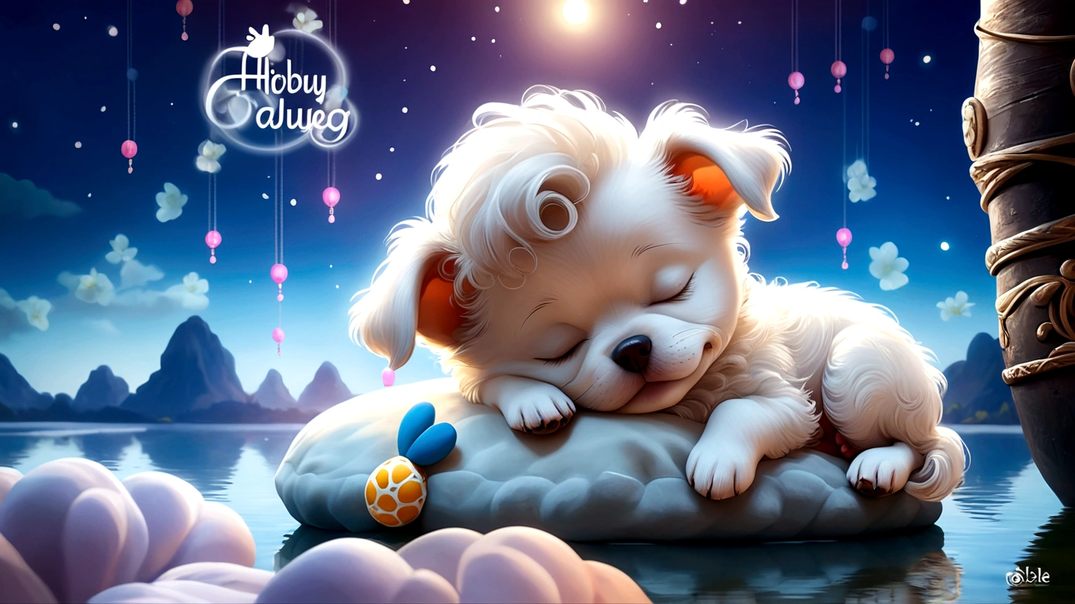 cute little dog sleeping by the lake