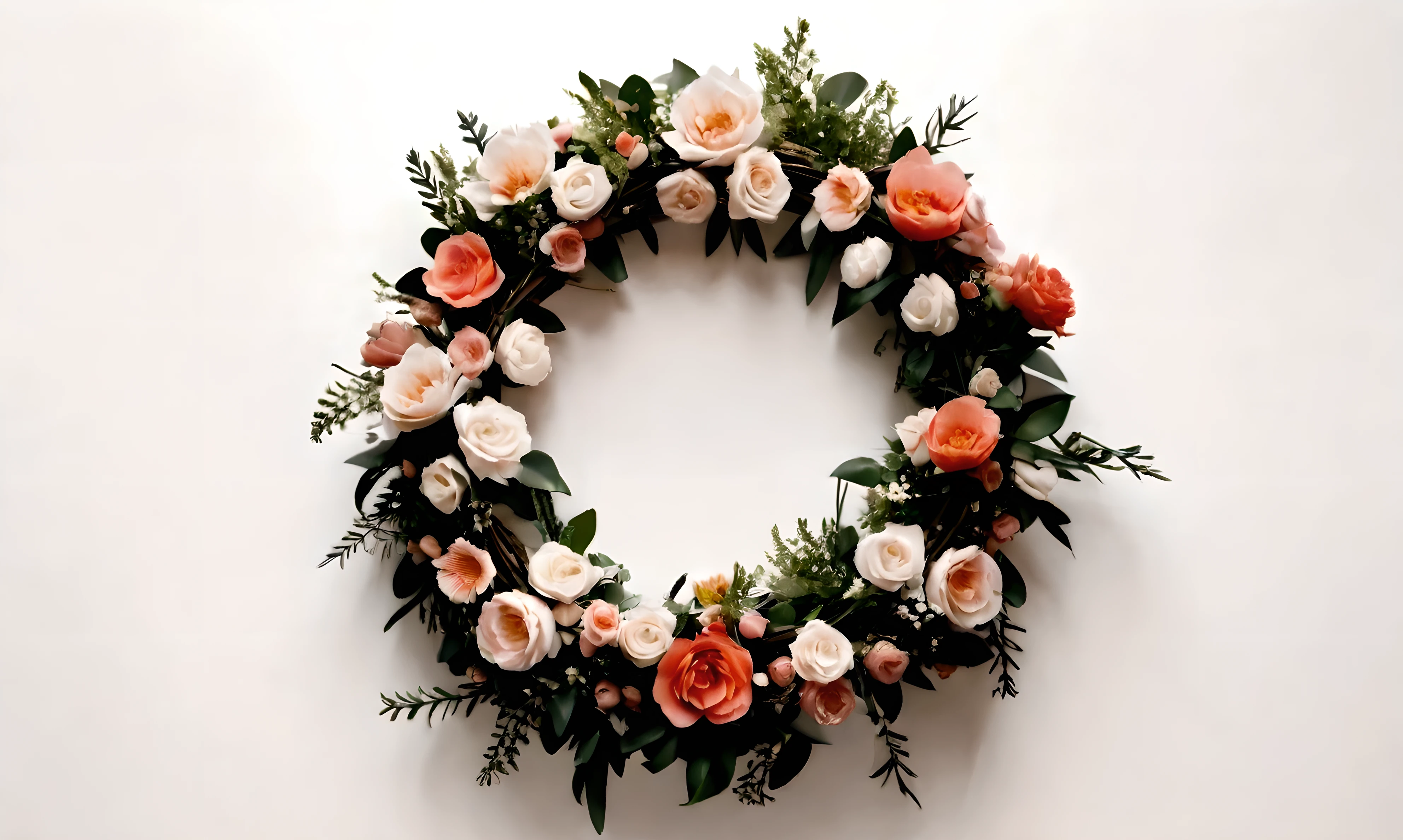White background,a wreath, Made of flowers, Perfect minimalist composition, , elegant composition, Beautiful composition 3-d 4k, Background still life photo