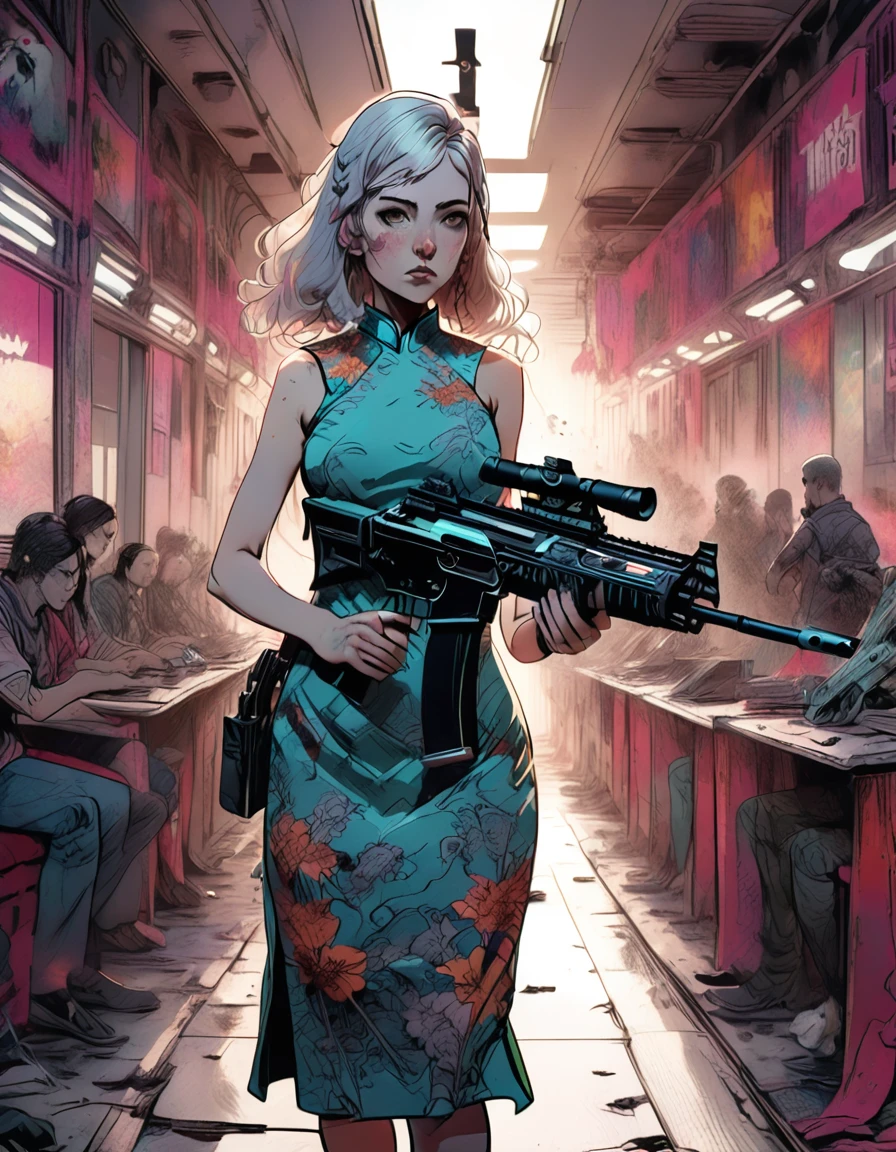Young beautiful woman_Focused，Big breasts_Big Ass_Robot with long flowing hair((Tight cheongsam dress:1.9))，(Rapid Fire Assault Rifle:1.7)，(motion blur effect:1.5)，Chaos in the casino，crazy，destroy，(Best quality，4K，8K，high resolution，masterpiece:1.2)，Ultra Detailed，(reality，reality感，reality感:1.37)，Detailed facial features，Intricate clothing patterns，Striking pose，Dramatic lighting，Film composition，Vibrant colors，And the dystopian atmosphere，assault rifle