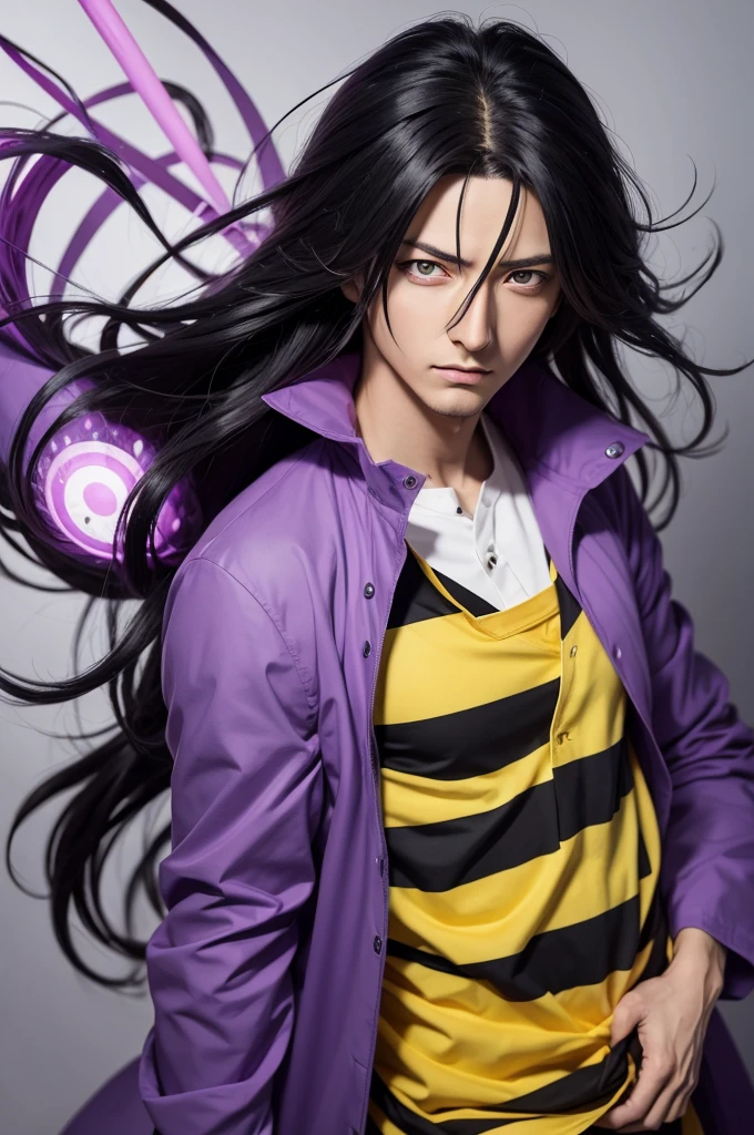 Uchiha Madara from the anime Naruto dressed in a purple lab coat with a yellow boss and a black and white striped shirt