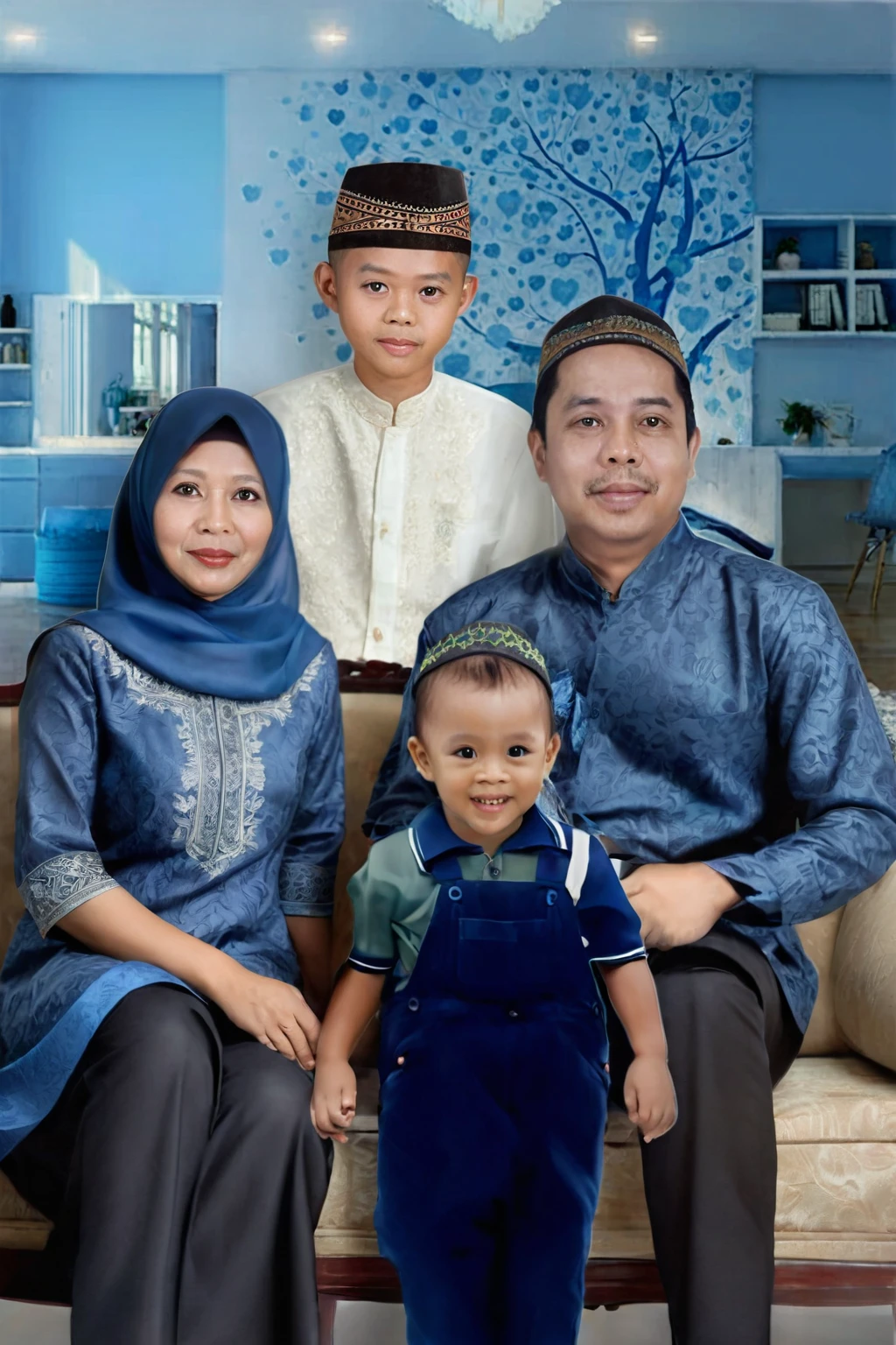 there are three people sitting on a couch with a baby, an indonesian family portrait, happy family, full protrait, barong family, family portrait, potrait, portrait picture, color portrait, realism artstyle, protrait, inspired by Basuki Abdullah, 1 / 4 portrait, photoshopped, photoshot, old picture, photo portrait, 3/4 portrait