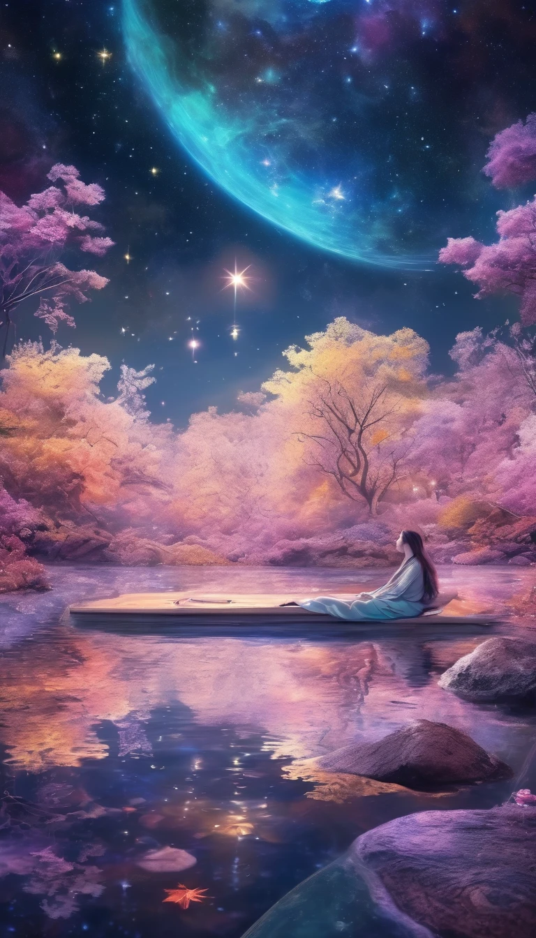 a woman dreaming in a beautiful galaxy,soft and surreal colors,(best quality,4k,high-res:1.2),ultra-detailed,impressionistic style,star-filled night sky,dreamy atmosphere,gentle moonlight,cosmic patterns,peaceful ambiance,subtle transitions,sublime beauty,dreamlike surroundings,quiet serenity,sleeping peacefully in her cozy bed,tranquil and otherworldly scenery,sublime celestial backdrop,serene and ethereal,subconscious journey,cosmic inspiration,vibrant and captivating colors,dreamlike abstraction,magical and mesmerizing vision,deep sense of wonder and awe,lucid dreams,galactic dreamscape,relaxing and introspective experience,luminous stars shining brightly,blissful state of mind,soothing and calming environment,whispers of the universe,mysterious and enchanting,just drifting away.