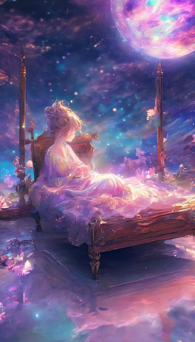 a woman dreaming in a beautiful galaxy,soft and surreal colors,(best quality,4k,high-res:1.2),ultra-detailed,impressionistic style,star-filled night sky,dreamy atmosphere,gentle moonlight,cosmic patterns,peaceful ambiance,subtle transitions,sublime beauty,dreamlike surroundings,quiet serenity,sleeping peacefully in her cozy bed,tranquil and otherworldly scenery,sublime celestial backdrop,serene and ethereal,subconscious journey,cosmic inspiration,vibrant and captivating colors,dreamlike abstraction,magical and mesmerizing vision,deep sense of wonder and awe,lucid dreams,galactic dreamscape,relaxing and introspective experience,luminous stars shining brightly,blissful state of mind,soothing and calming environment,whispers of the universe,mysterious and enchanting,just drifting away.