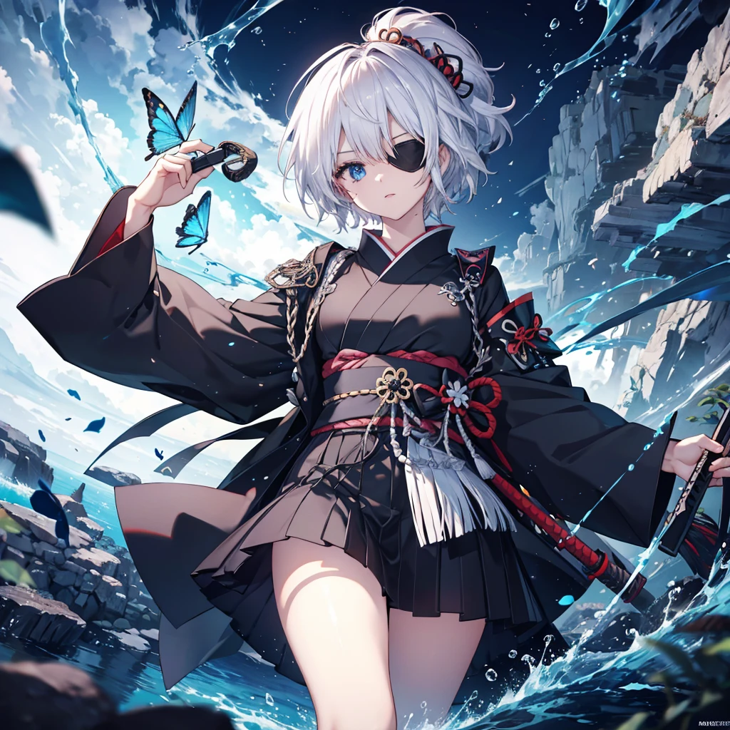 (((1 person　Put on an eye patch　Black and white hair)))　((High resolution　short hair　Black kimono　Shoulder　Rin々Funny face　knifeを胸の前で構える))　((Black Band　samurai　Lonely　despair　blue eyes　Close-up))　((Blue Butterfly　night　Japanese style　old　Shining Aura　garden　water surface　Catch the wind))　(dance　日本knife　knife　Slashing)　月night　moonlight　star　Draw your sword　Shining Background　Shining Edge