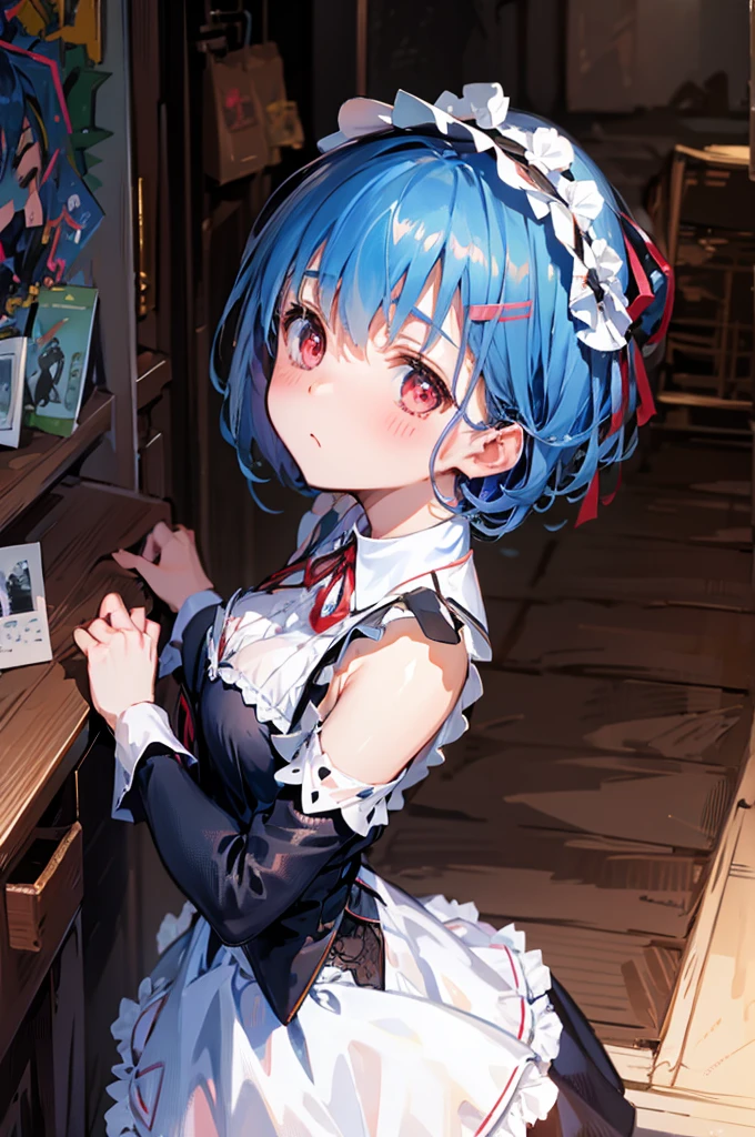 M-shaped legs、Maid clothes、、Lift up your skirt、M-shaped legs、、Showing panties、Blushing、I can see her panties、Pull up your skirt、Blushing、Blue Hair