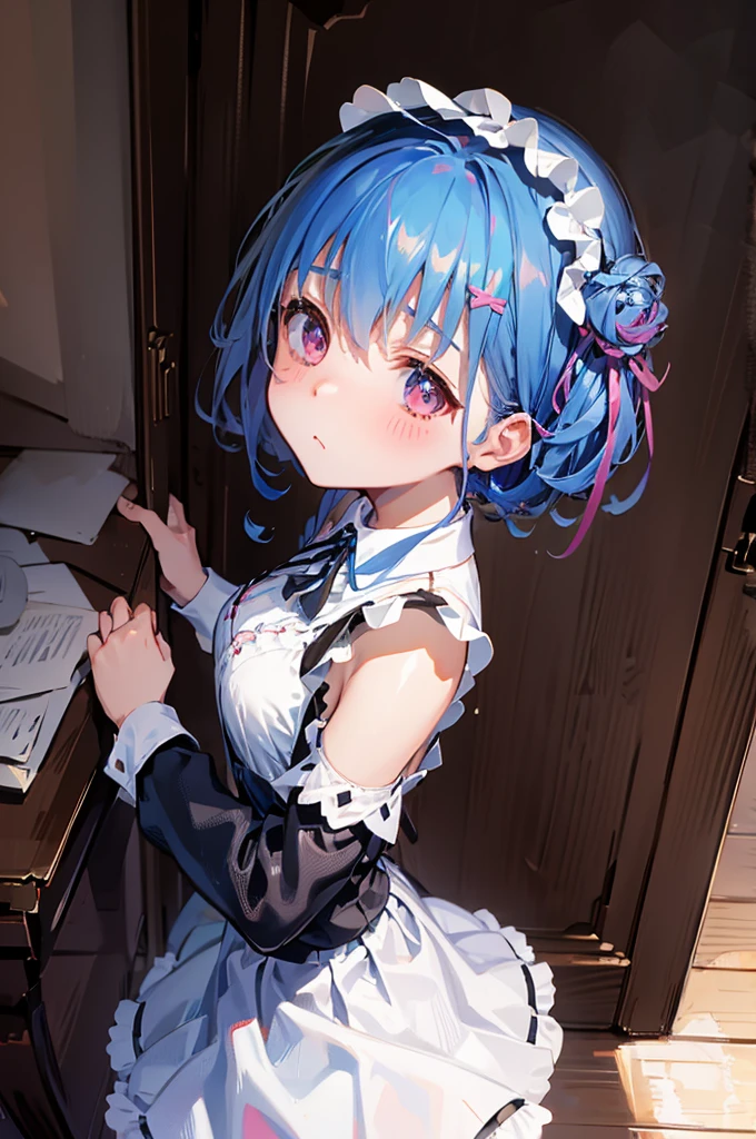 M-shaped legs、Maid clothes、、Lift up your skirt、M-shaped legs、、Showing panties、Blushing、I can see her panties、Pull up your skirt、Blushing、Blue Hair