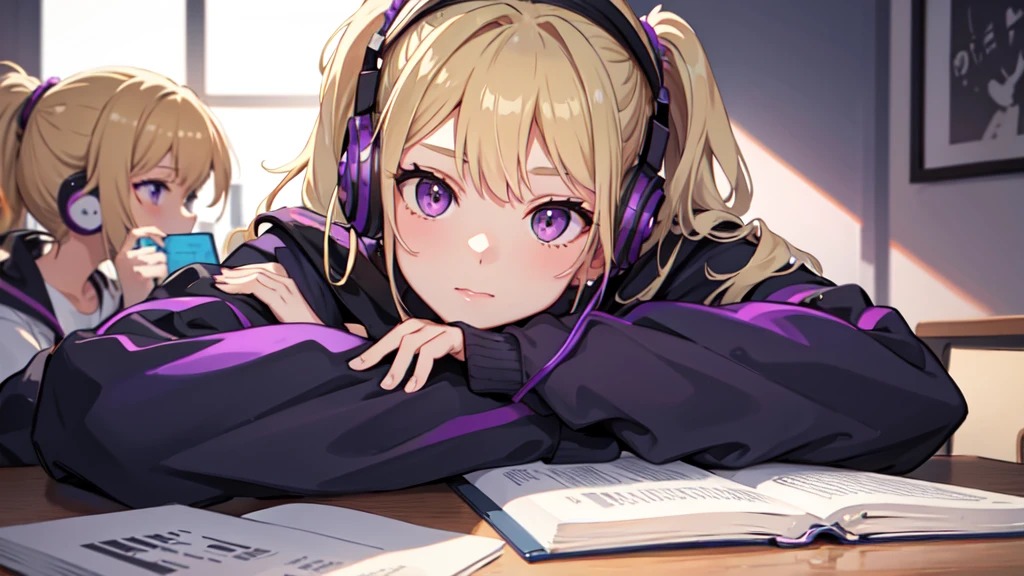 One girl, ponytail ,Blonde, Purple eyes，studying，Wearing headphones，Home，horizontal angle of view