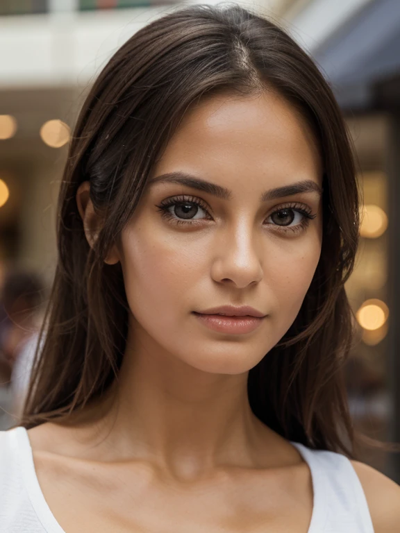 woman 27 years old, bruenette, walking in the mall, busy, masterpiece, realistic appearance, sporty, 175cm tall, light tanned skin, realistic skin, Italian, evening, summer, 75mm focus length, dark brown eyes, big eyes, Beautiful eyelashes, natural makeup, shy, innocent, anatomically correct, super detail, high details, high quality, highres, accurate, retina