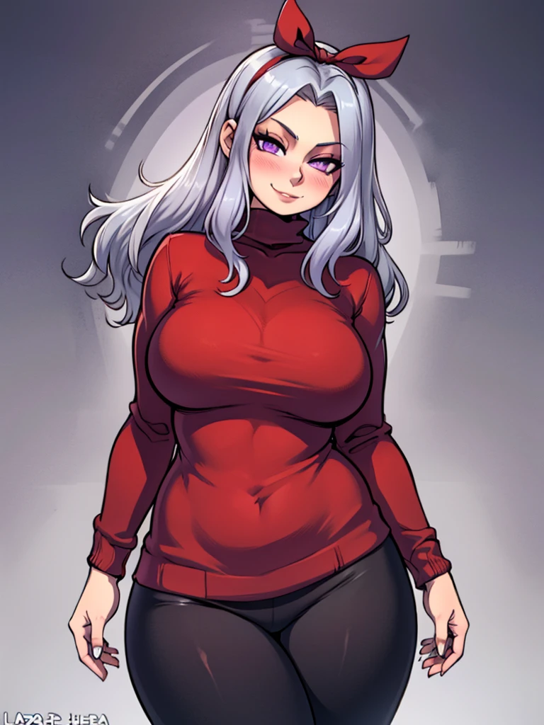 high_aesthetic,art by Lazorchef, ((Masterpiece, best quality, perfect lighting, amazing shading)), perfect anatomy, field of depth, extremely beautiful, long silver hair, hair ribbons, purple eyes, turtleneck sweater, leggings, cute smile, (curvy), blushing, (cowboy shot), (elegant pose), simple background