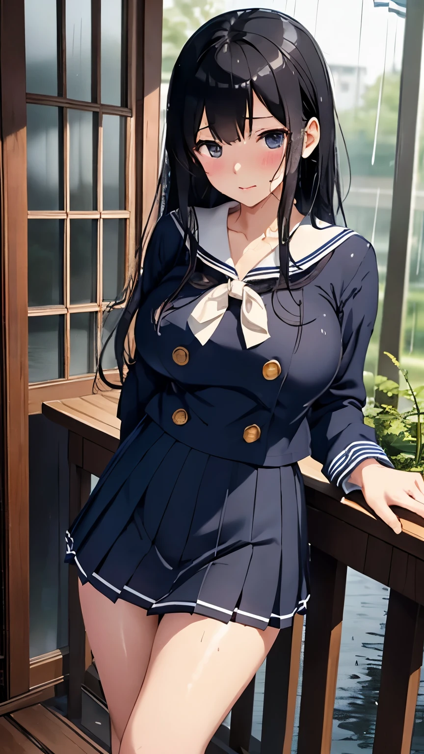 high school girl、beautiful girl、Black Hair、Big breasted body type、Sailor-style 、Navy blue pleated skirt、Flushed Cheeks、Moist eyes、Shy expression、The veranda on a rainy day、Erotic atmosphere、Immoral scene、Sensual scene、Wet Hair、Wet Skin、Wet clothes、Back view