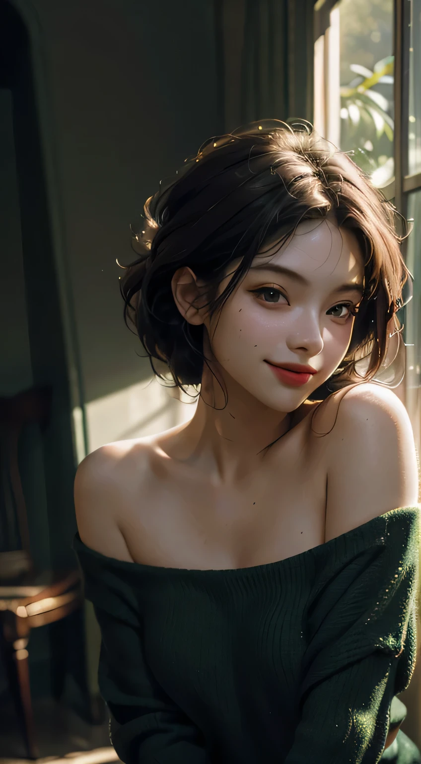 Best Quality, Masterpiece, Ultra High Resolution, (Realisticity: 1.4), Original Photo, 1girl, green Off-the-Shoulder, Cinematic Lighting,light smile,
