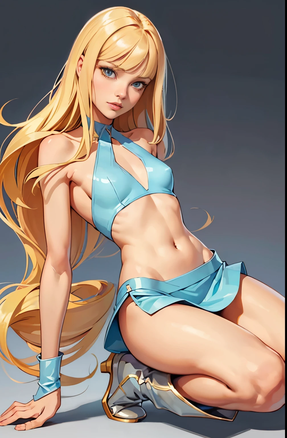 girl, portrait, small breasts, slim, long blonde hair, bangs, winx club, stella, stella winx club Hot, soft or colorful lips, plunging neck top, short skirt, heeled boots, simple bottom, flat colors, perfect hands, perfect anatomy,