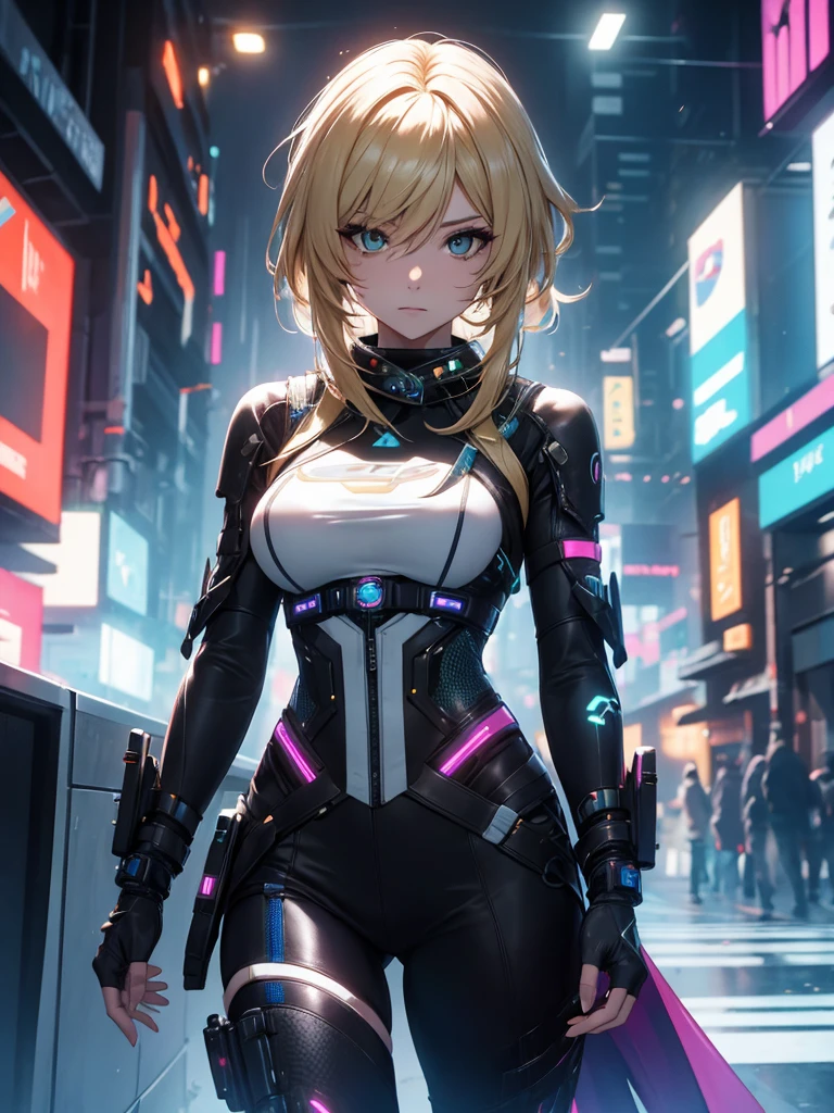 Lumine, 1women, wearing a futuristic outfit, cyberpunk outfit, at a future city, cyberpunk look, blonde colour hair, 8k, high detailed, high quality