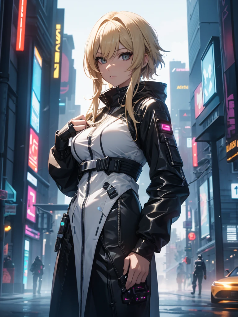 Lumine, 1women, wearing a futuristic outfit, cyberpunk outfit, at a future city, cyberpunk look, blonde colour hair, 8k, high detailed, high quality