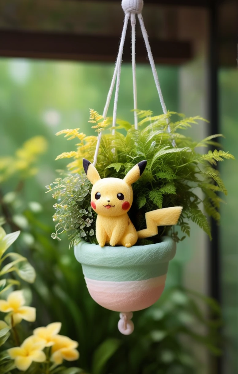 cozy scene featuring hanging planters with adorable Pokémon, adding elements of Pikachu. The planters should be filled with lush greenery and colorful flowers. Include Pikachu comfortably resting in one of the planters, alongside other Pokémon like Celebi and Snivy. Use soft pastel colors and whimsical details to enhance the charm. The background should have subtle stripes with shades of green and peach, maintaining a warm and inviting atmosphere
