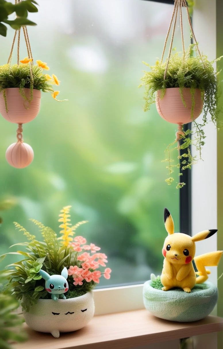 cozy scene featuring hanging planters with adorable Pokémon, adding elements of Pikachu. The planters should be filled with lush greenery and colorful flowers. Include Pikachu comfortably resting in one of the planters, alongside other Pokémon like Celebi and Snivy. Use soft pastel colors and whimsical details to enhance the charm. The background should have subtle stripes with shades of green and peach, maintaining a warm and inviting atmosphere