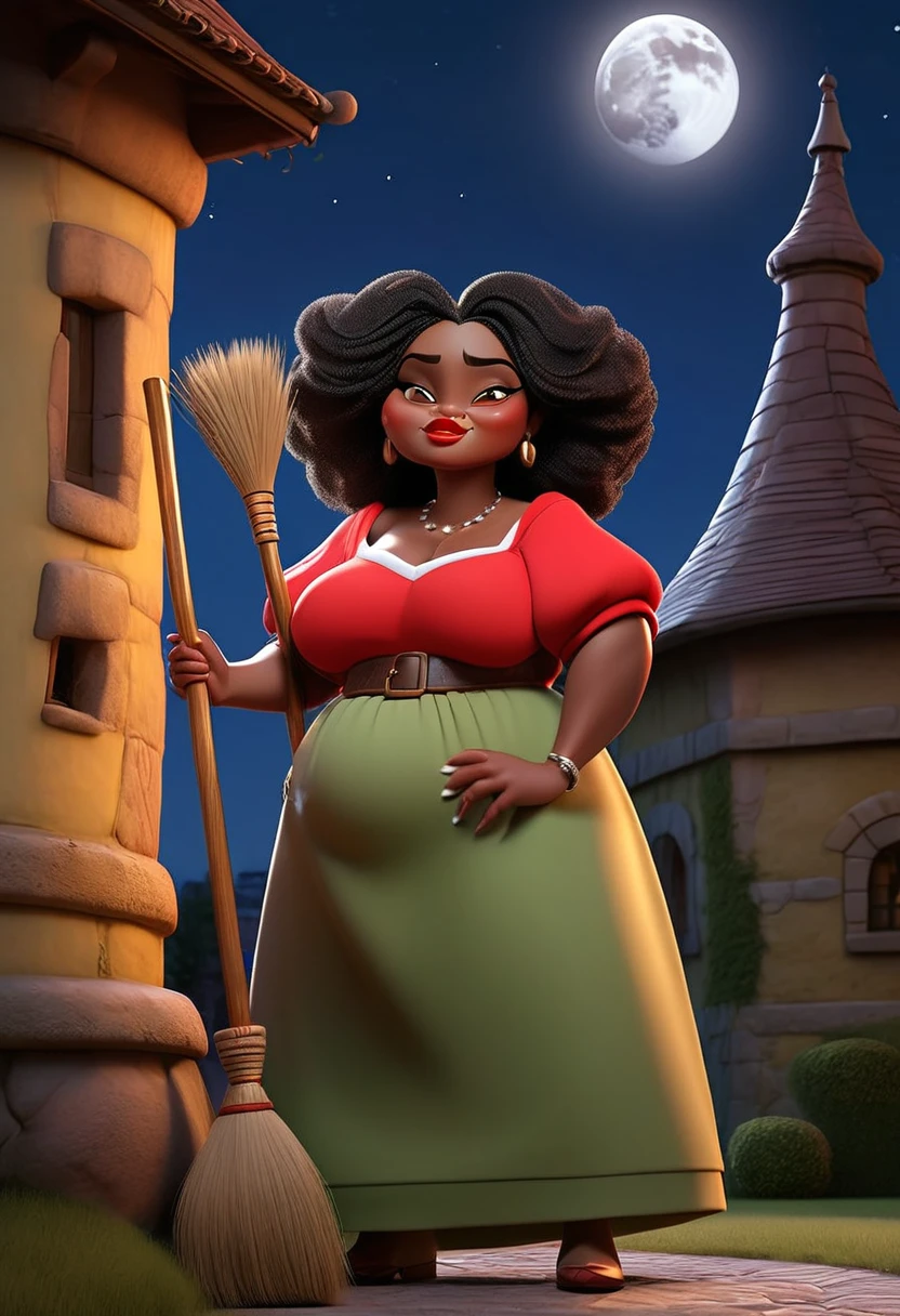 Fat old Ebony housewife, smoking a cigarette,  holding a broom, at the dirty besdroom, showing small and saggy breasts,(( fullbody view,)) , 5 meters wag camera,  wearing a red higheels, outside medieval castle, at night , Full moon in the sky,disney pixar style