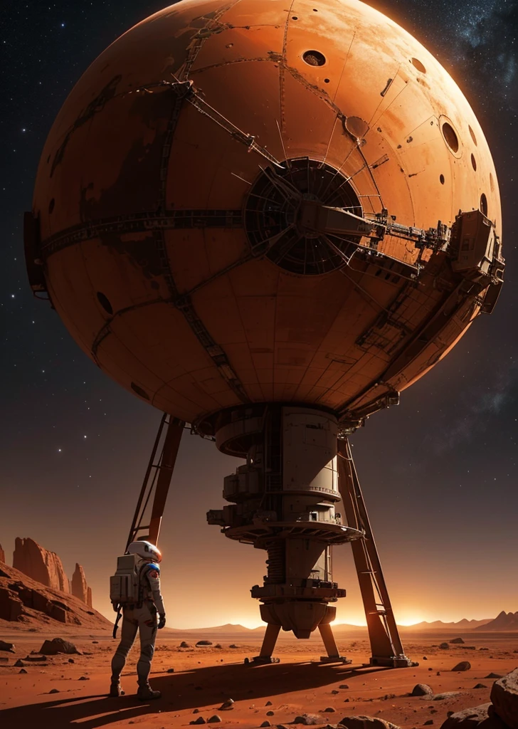 Create a striking painting of a lone spaceship on the surface of Mars. The focus is solely on the spaceship, showcasing its sleek and futuristic design. The Martian landscape around it is barren and vast, with the reddish, rocky terrain stretching out in all directions. The sky above is clear, with a soft gradient from the setting sun, adding a warm glow to the scene. The spaceship stands prominently against the backdrop of Mars, highlighting its engineering marvel and the sense of human exploration and adventure.