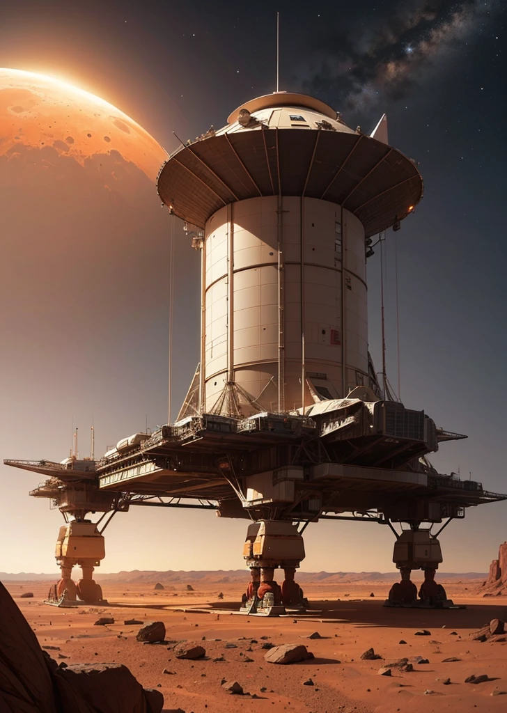 Create a striking painting of a lone spaceship on the surface of Mars. The focus is solely on the spaceship, showcasing its sleek and futuristic design. The Martian landscape around it is barren and vast, with the reddish, rocky terrain stretching out in all directions. The sky above is clear, with a soft gradient from the setting sun, adding a warm glow to the scene. The spaceship stands prominently against the backdrop of Mars, highlighting its engineering marvel and the sense of human exploration and adventure.