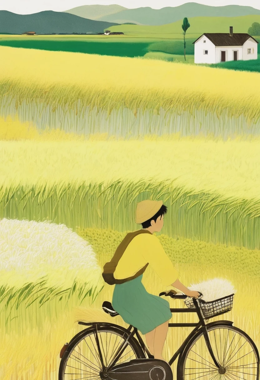 A beautiful illustration, Endless rice fields, half yellow half green, a boy riding a bicycle, Will Barnett (Will Barnet) modeling, Attached are 50D movie stills, Idyllic, Rural, panoramic,