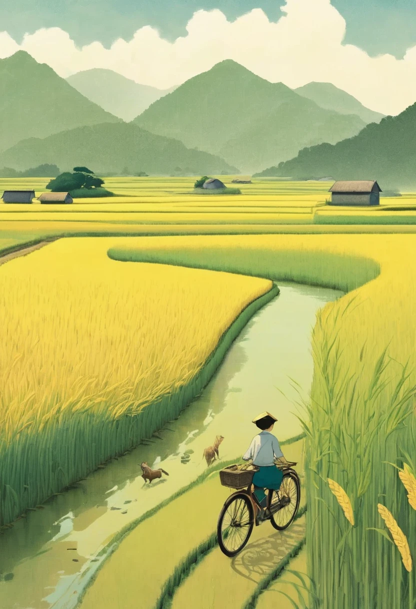 A beautiful illustration, Endless rice fields, half yellow half green, a boy riding a bicycle, Will Barnett (Will Barnet) modeling, Attached are 50D movie stills, Idyllic, Rural, panoramic,