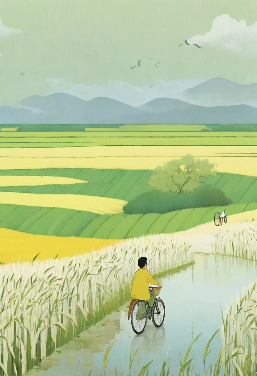 A beautiful illustration, Endless rice fields, half yellow half green, a boy riding a bicycle, Will Barnett (Will Barnet) modeling, Attached are 50D movie stills, Idyllic, Rural, panoramic,