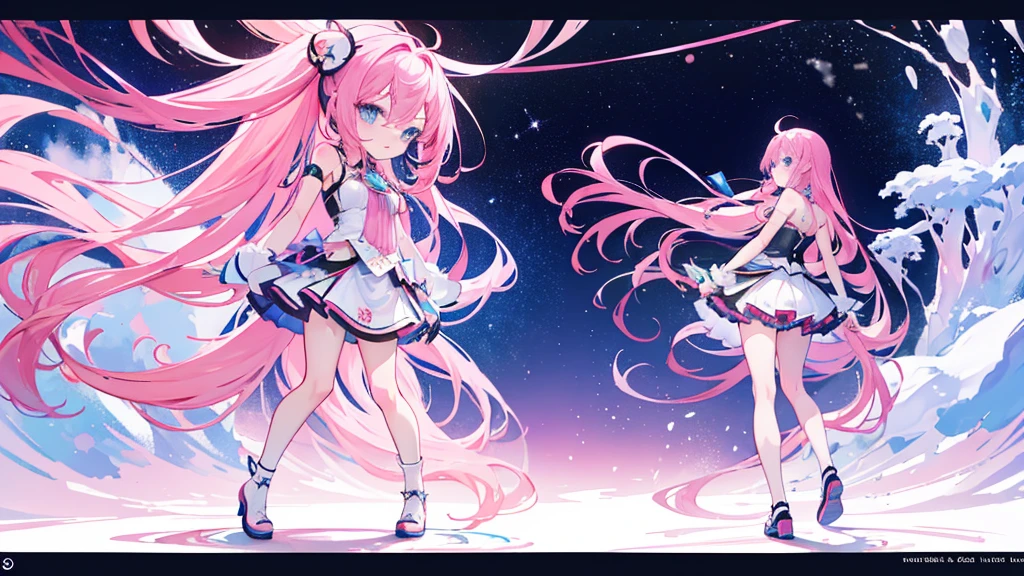 masterpiece,high quality,virtual youtuber, girl, pink long hair,blue eyes（pink hair,blue eyes）, (concept art, official art,full body)(three sided view:1.3), simple background, luka_megurine \(vocaloid\),sakura luka