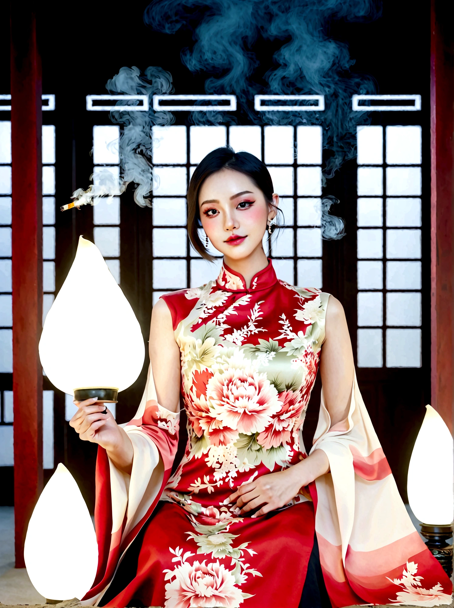 (bare shoulders:0.6),full body,Cheongsam,(Glowing ambiance, enchanting radiance, luminous lighting, ethereal atmosphere, mesmerizing glow, evocative hues, captivating coloration, dramatic lighting, enchanting aura),1girl,masterpiece,best quality,1girl,(in smoke:1.1),(dynamic smokeanywhere:1.4),(upper body:1.2),(1 Chinese patterns in the middle of the girl's forehead),girl with a weak temperament,epic cinematic,soft nature lights,rim light,absurd,amazing,funny,itricate,hyper detailed,ultra realistic,soft colors