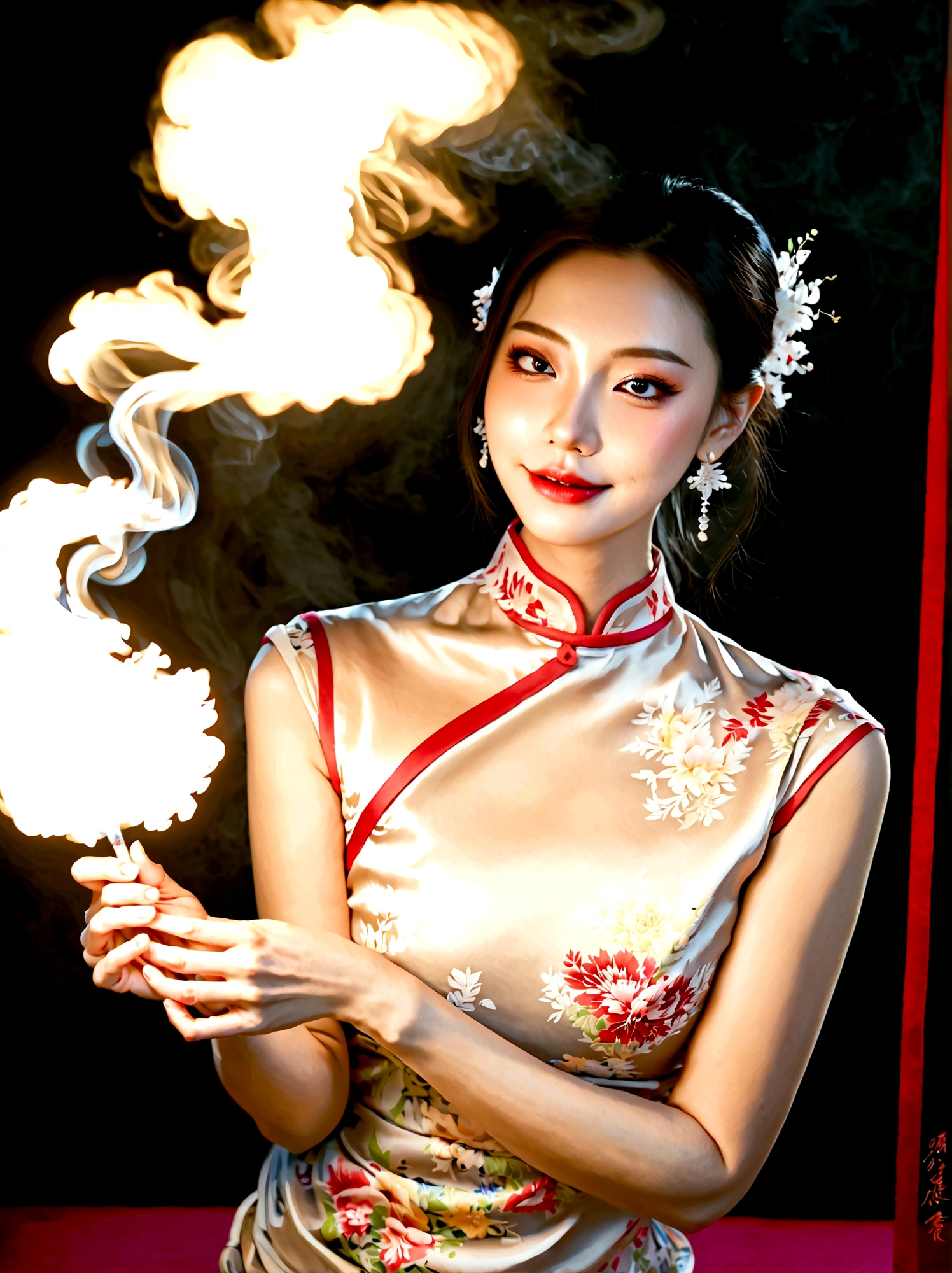 (bare shoulders:0.6),full body,Cheongsam,(Glowing ambiance, enchanting radiance, luminous lighting, ethereal atmosphere, mesmerizing glow, evocative hues, captivating coloration, dramatic lighting, enchanting aura),1girl,masterpiece,best quality,1girl,(in smoke:1.1),(dynamic smokeanywhere:1.4),(upper body:1.2),(1 Chinese patterns in the middle of the girl's forehead),girl with a weak temperament,epic cinematic,soft nature lights,rim light,absurd,amazing,funny,itricate,hyper detailed,ultra realistic,soft colors