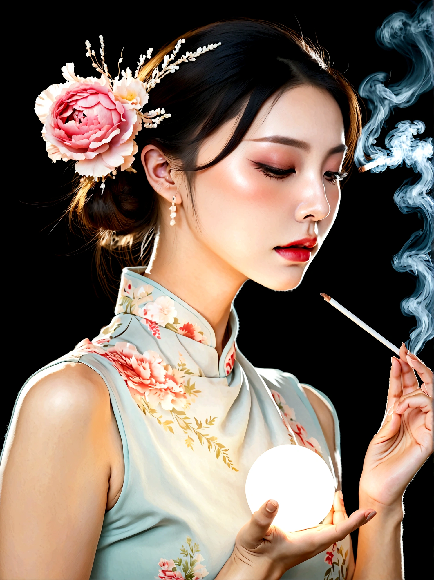 (bare shoulders:0.6),full body,Cheongsam,(Glowing ambiance, enchanting radiance, luminous lighting, ethereal atmosphere, mesmerizing glow, evocative hues, captivating coloration, dramatic lighting, enchanting aura),1girl,masterpiece,best quality,1girl,(in smoke:1.1),(dynamic smokeanywhere:1.4),(upper body:1.2),(1 Chinese patterns in the middle of the girl's forehead),girl with a weak temperament,epic cinematic,soft nature lights,rim light,absurd,amazing,funny,itricate,hyper detailed,ultra realistic,soft colors