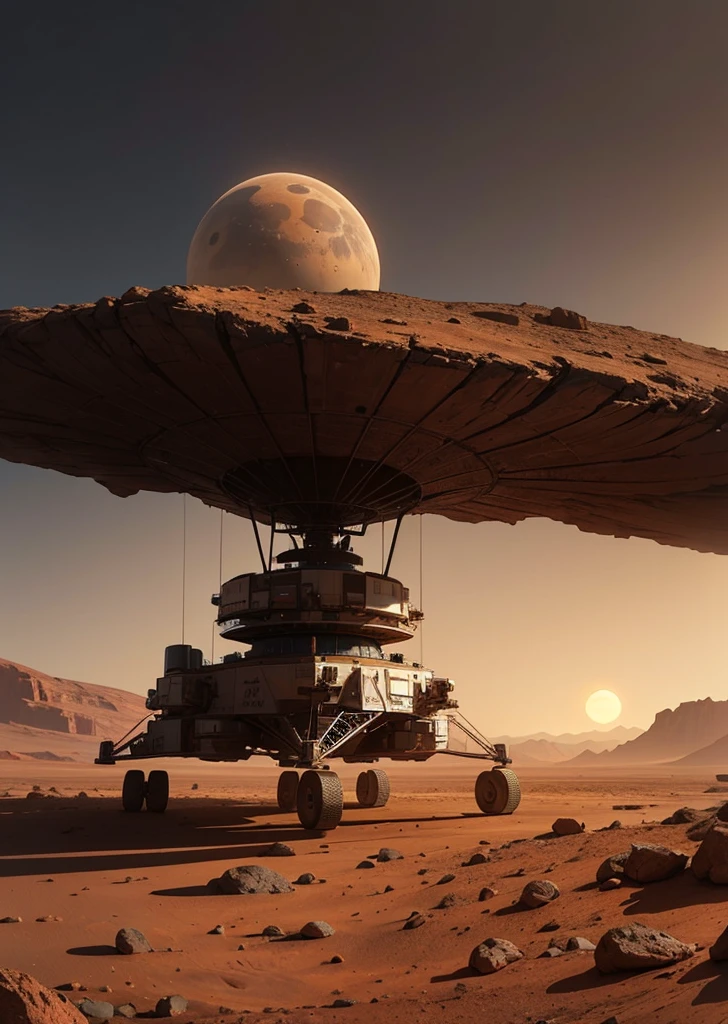 Create a striking painting of a lone spaceship on the surface of Mars. The focus is solely on the spaceship, showcasing its sleek and futuristic design. The Martian landscape around it is barren and vast, with the reddish, rocky terrain stretching out in all directions. The sky above is clear, with a soft gradient from the setting sun, adding a warm glow to the scene. The spaceship stands prominently against the backdrop of Mars, highlighting its engineering marvel and the sense of human exploration and adventure.